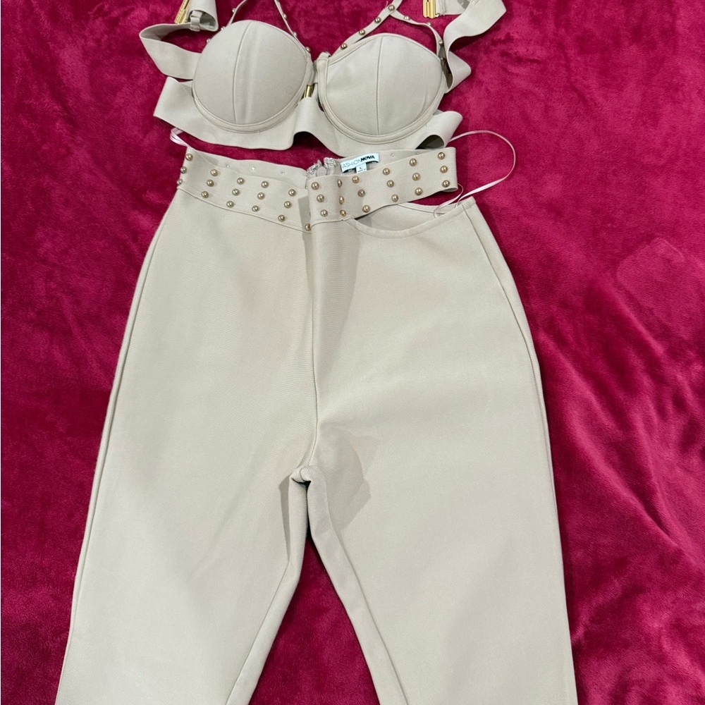 Fashion Nova Tan Pantsuit with High-Waisted Design and Textured Fabric